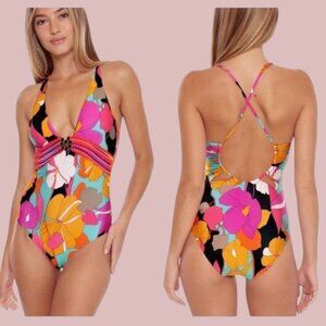 Trina Turk Gemini Plunge Neck Printed One Piece Swimsuit In Multi Color 10 NWT